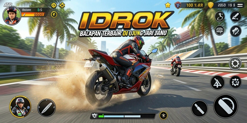 Tampilan gameplay menarik dari IDROK dengan motor balap yang cepat.