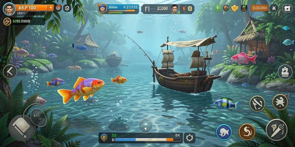 Screenshot utama KPK100 menampilkan aksi seru dalam memancing dengan grafik yang memukau.